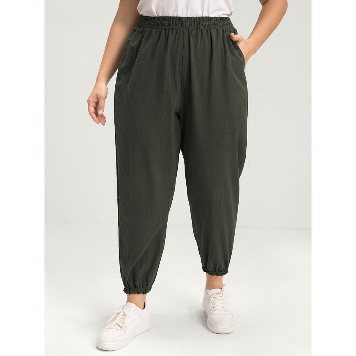 Plus Size Solid Elastic Waist Pocket Pants Women ArmyGreen Casual High Rise Dailywear Pants BloomChic 14-16/1X Product Image