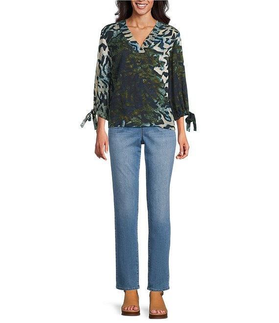 Westbound Dark Denim Animal Pigment Print 3/4 Tie Sleeve Top Product Image