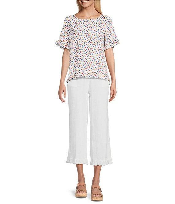 Multiples Petite Size Printed Slub Crinkle Scoop Neck 3/4 Sleeve Hi-Low Hem Ruffle Top Product Image