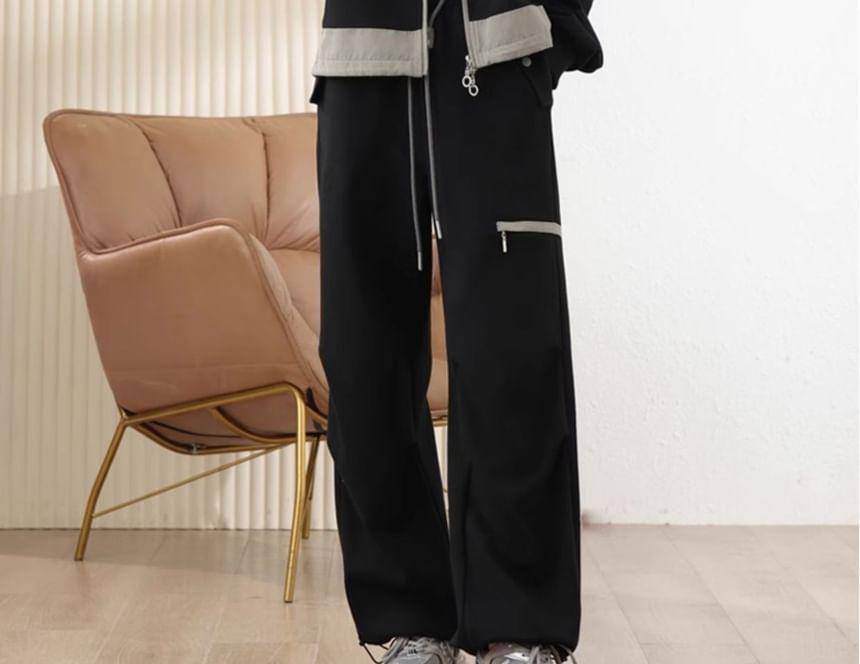 Set: Two Tone Zip-Up Jacket + High Rise Wide Leg Pants Product Image