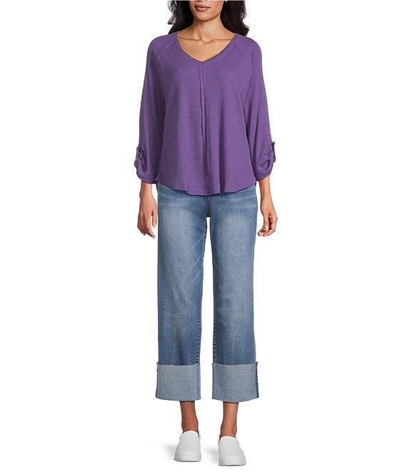 Westbound Petite Size Solid Knit 3/4 Bell Sleeve V-Neck Top Product Image