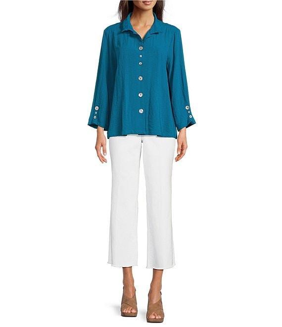 Ali Miles Woven Solid Wire Collar 3/4 Sleeve Pleated Hem Button Front Tunic Product Image