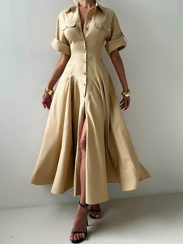 Short Sleeves Buttoned Solid Color Lapel Maxi Dresses Shirt Dress Product Image