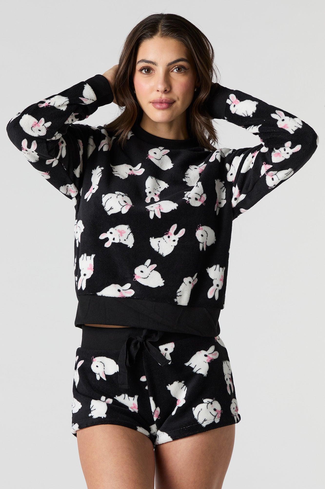 Printed Plush Long Sleeve & Short 2 Piece Pajama Set Female Product Image