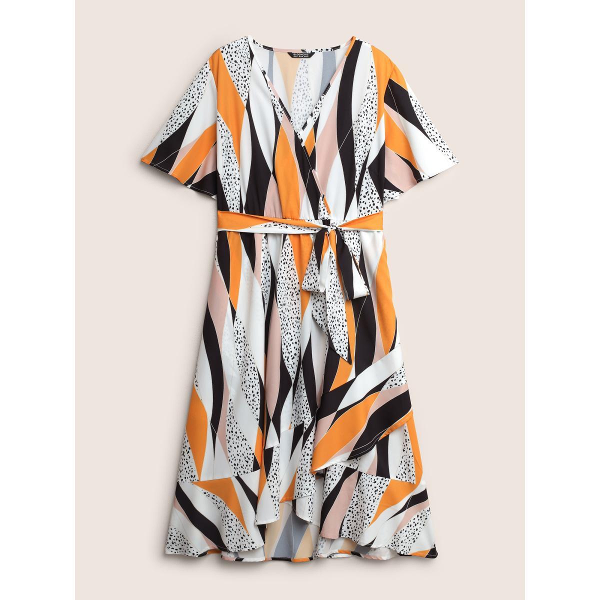 Plus Size Geometric Contrast Overlap Collar Belted Ruffle Sleeve Dress Multicolor Women At the Office Overlapping Overlap Collar Short sleeve Curvy Midi Dress BloomChic 22-24/3X Product Image