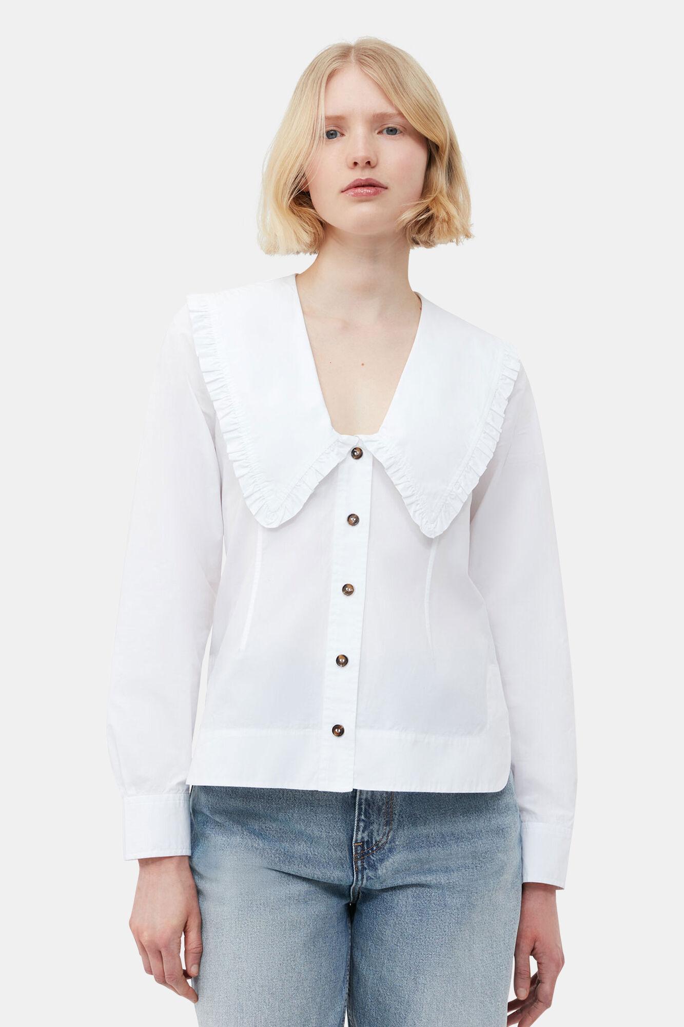 Cotton Poplin V-neck Frill Collar Shirt Product Image