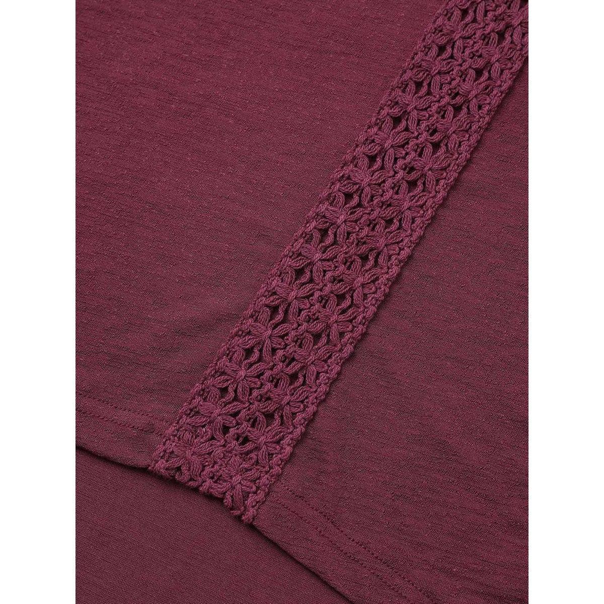 Plus Size Solid Lace Panel Curved Hem T-shirt Burgundy Women Resort Non Plain Round Neck Vacation T-shirts BloomChic 26/4X Product Image