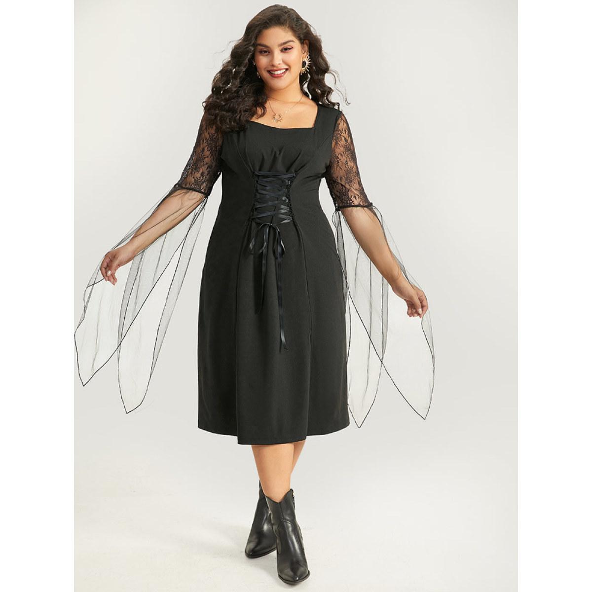Plus Size Halloween Patchwork Lace Mesh Split Hem Lace Up Dress Black Women Glamour Cross straps Square Neck Short sleeve Curvy Midi Dress BloomChic 18-20/2X Product Image