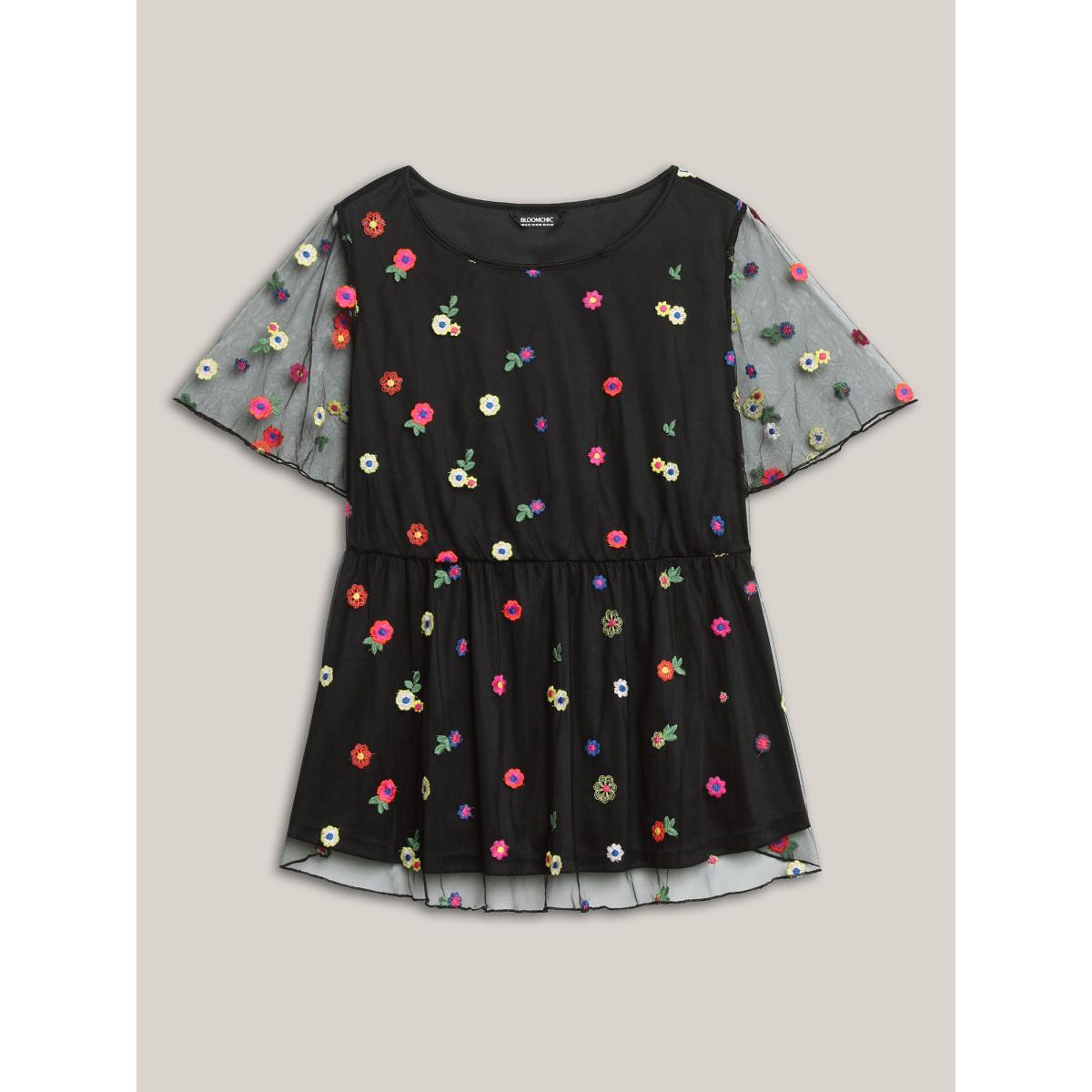 Plus Size Black Floral Mesh Embroidery Babydoll Blouse Women Short sleeve Round Neck Everyday-Elegant Blouses BloomChic 12/L Product Image