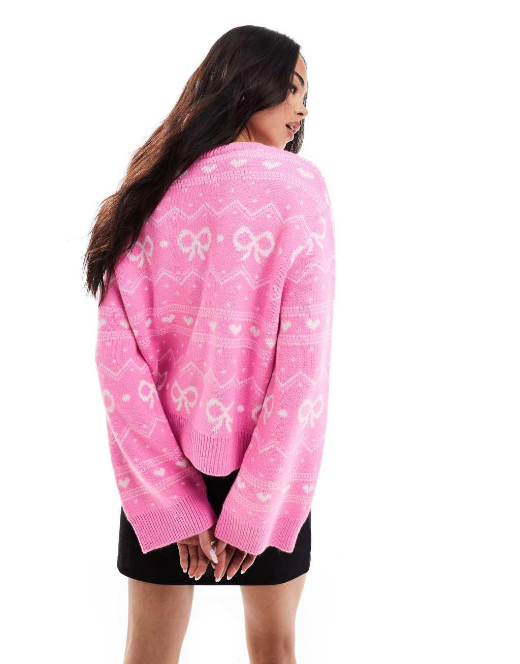 Miss Selfridge heart bow cardigan in pink Product Image