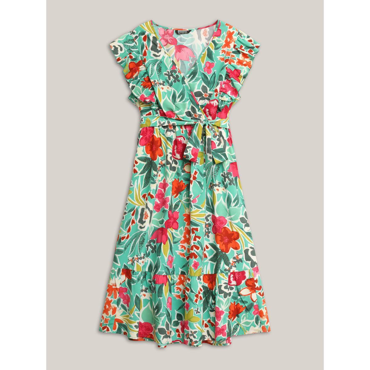 Plus Size Floral Wrap Patchwork Ruffle Cap Sleeve Dress Emerald Women Resort Belted V-neck Cap Sleeve Curvy BloomChic 10/M Product Image