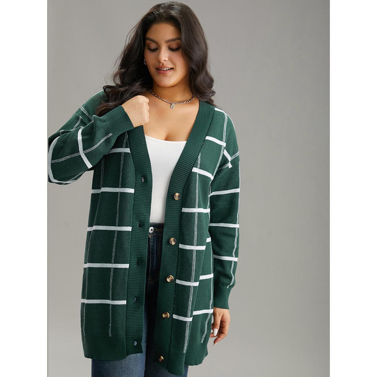 Plus Size Plaid Striped Button Through Cardigan DarkGreen Women Casual Loose Long Sleeve Everyday Cardigans BloomChic 14-16/1X Product Image