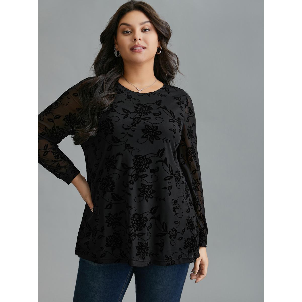Plus Size Black Floral Flocking Sheer Sleeve Lined Knit Top Women Elegant Long Sleeve Round Neck Everyday Blouses BloomChic 28/5X Product Image