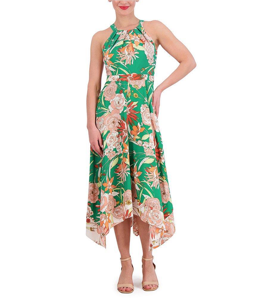 Vince Camuto Crepe de Chine Floral Print Halter Neck Sleeveless Handkerchief Hem A-Line Pocketed Midi Dress Product Image