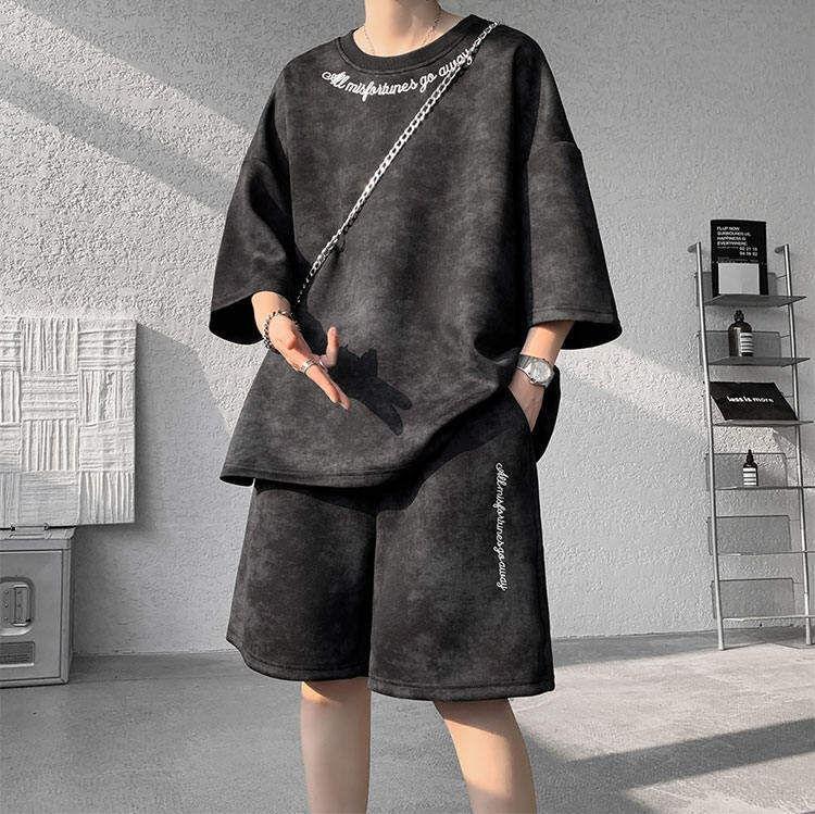 Set: Short Sleeve Round Neck Lettering Embroidered Tie Dye T-Shirt + Elastic Waist Sweat Shorts Product Image