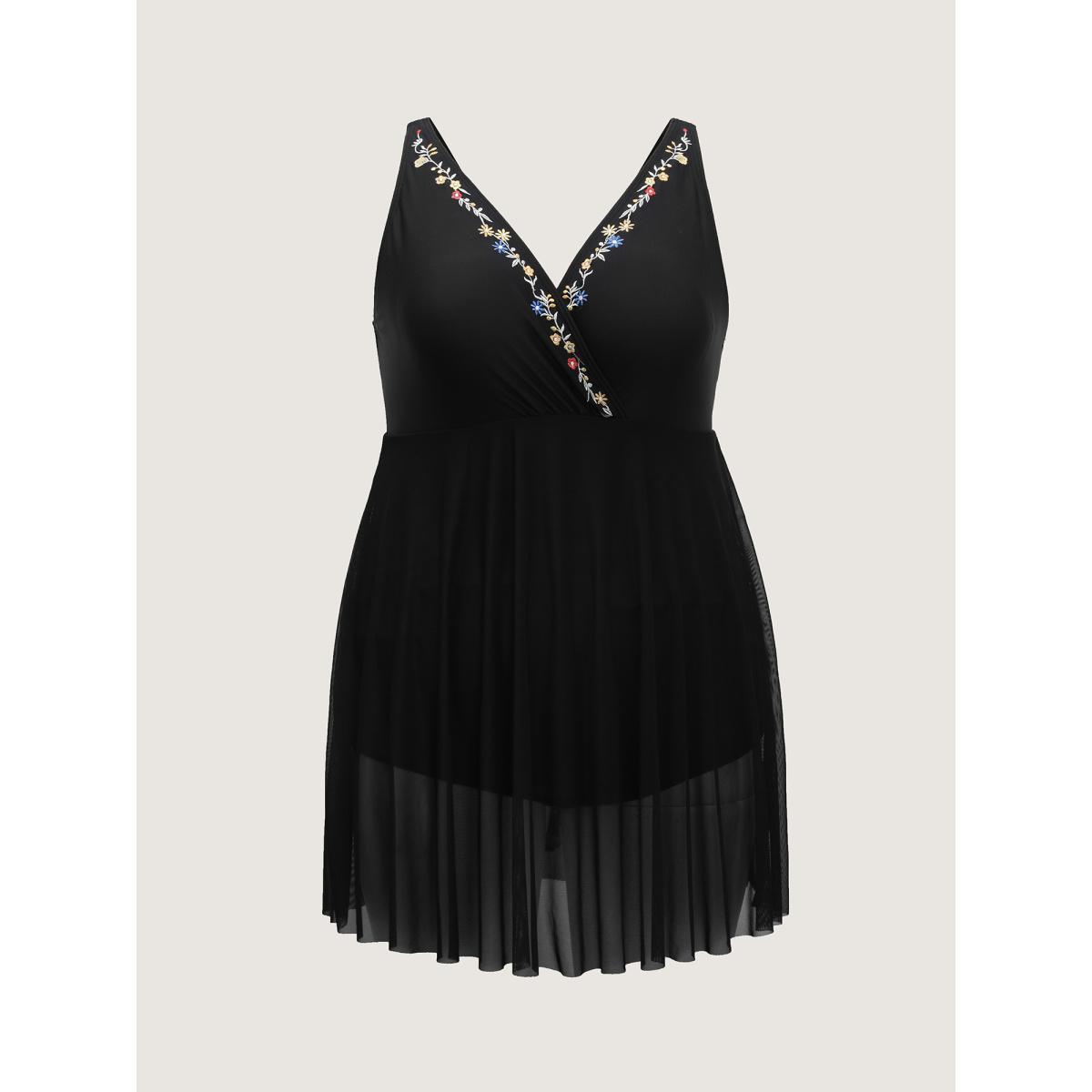 Plus Size Floral Embroidered Sheer Surplice Swim Dress Women's Swimwear Black Beach Bodycon Overlap Collar High stretch Curve Swim Dresses BloomChic 14-16/1X Product Image
