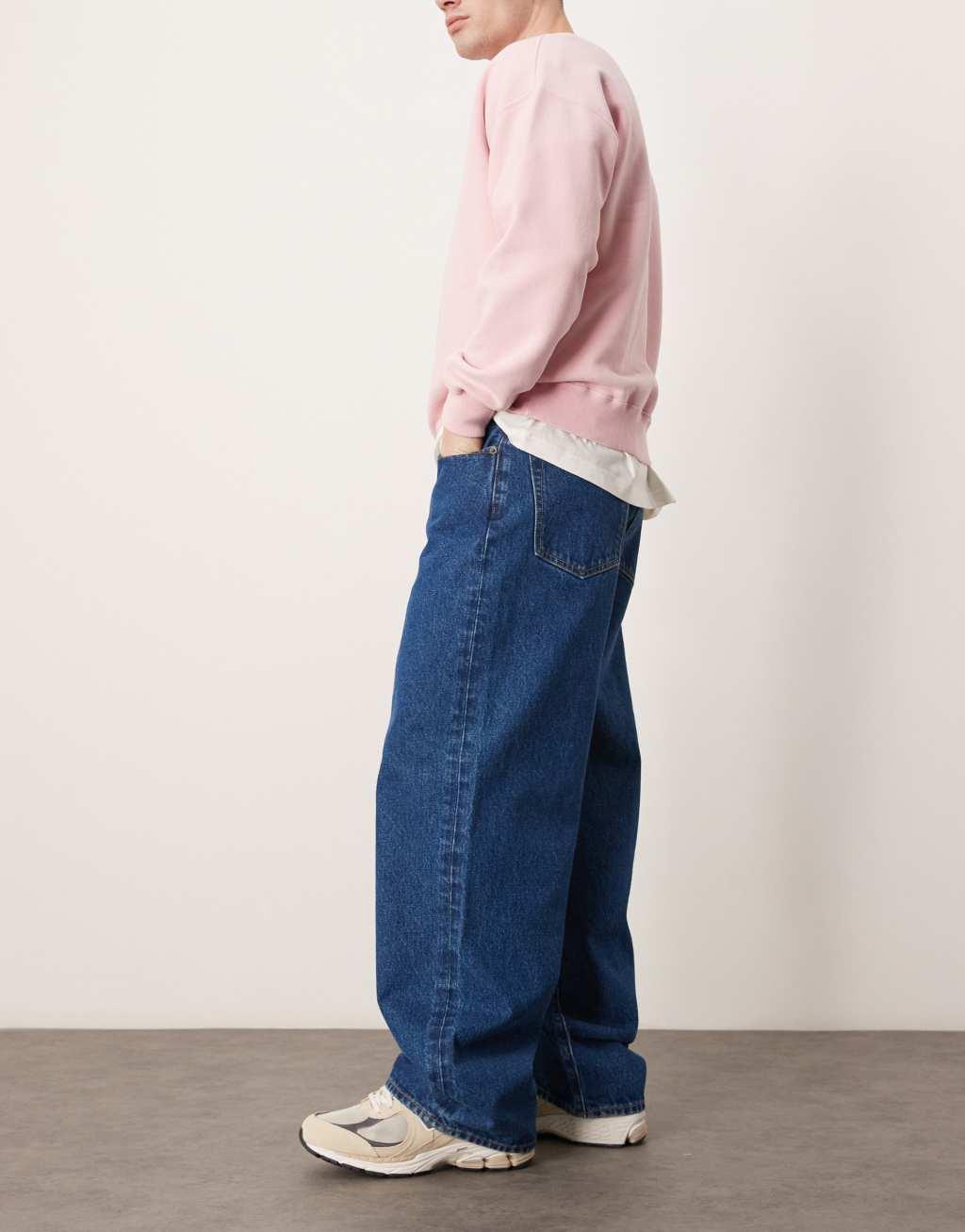 Abercrombie & Fitch baggy fit jeans in mid-blue wash Product Image