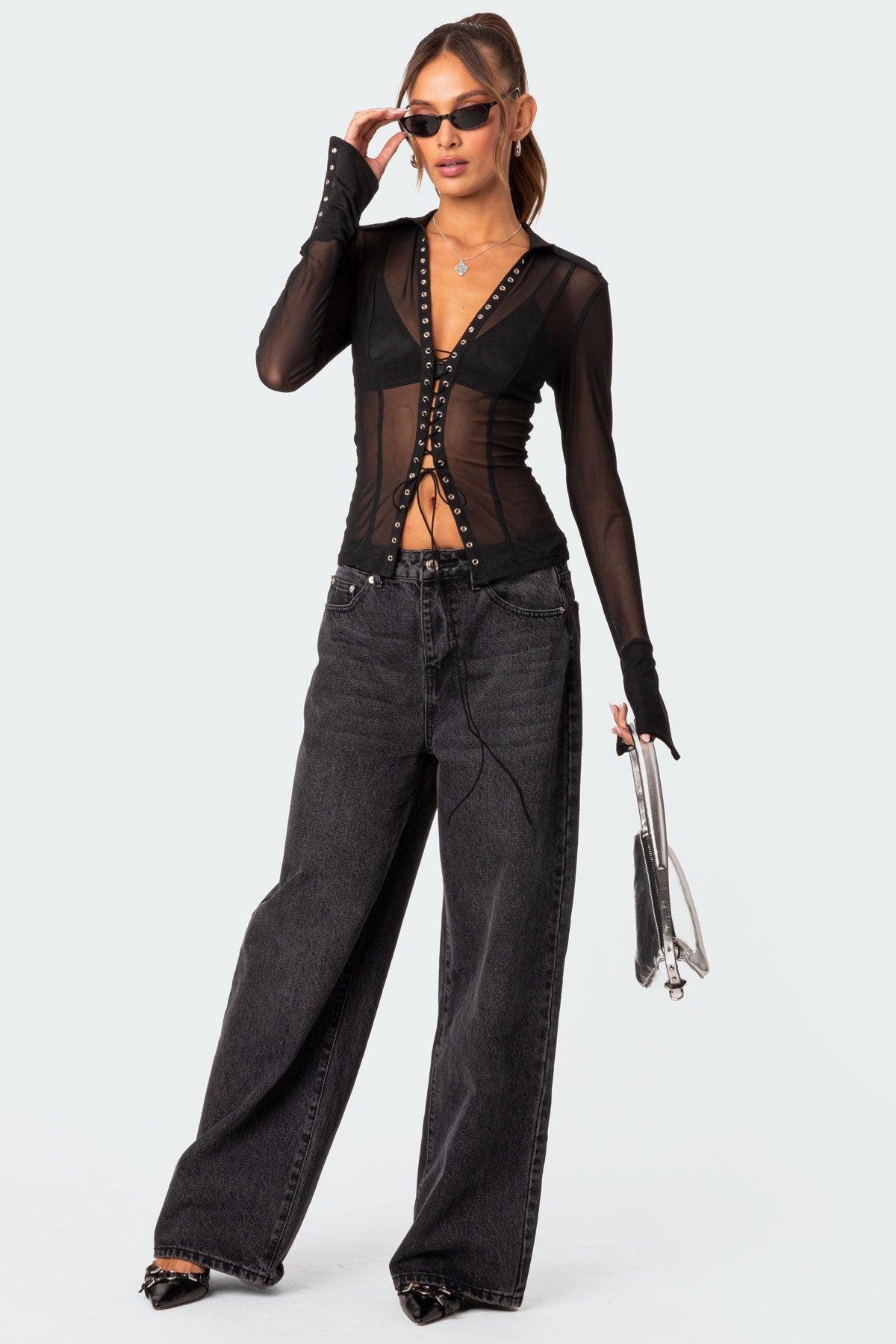 Lace Up Sheer Mesh Top Product Image