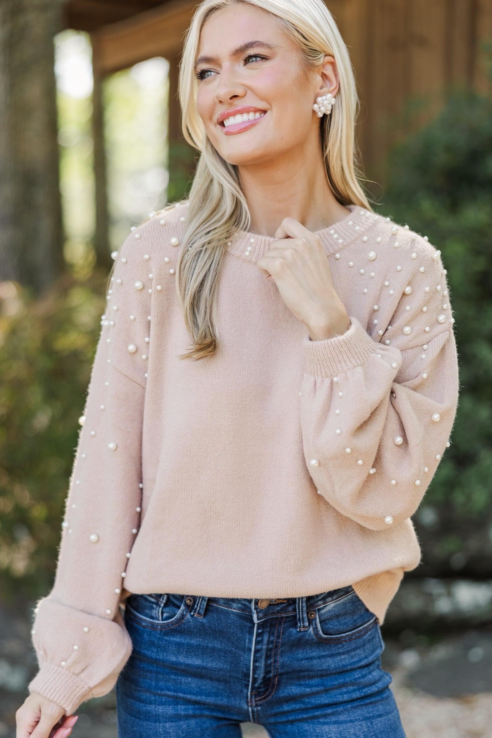 Can't Help But Love Latte Brown Pearl Studded Sweater Female Product Image