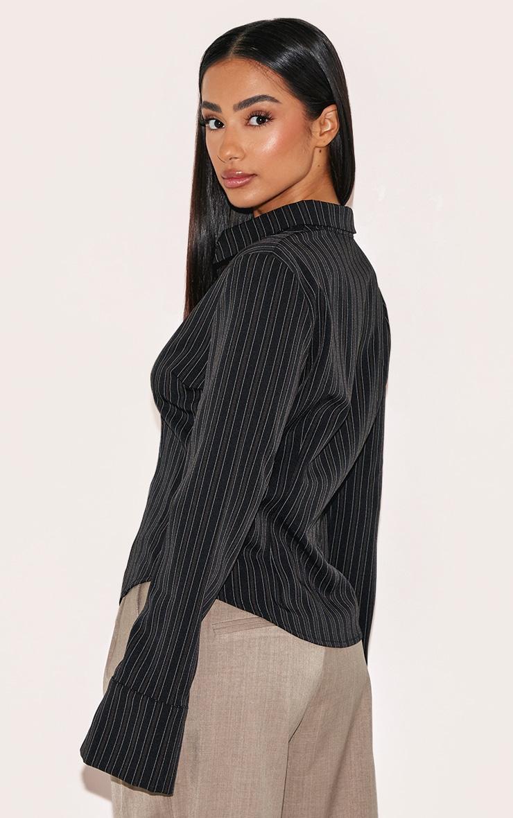 Petite Black Striped Long Sleeve Fitted Shirt Product Image