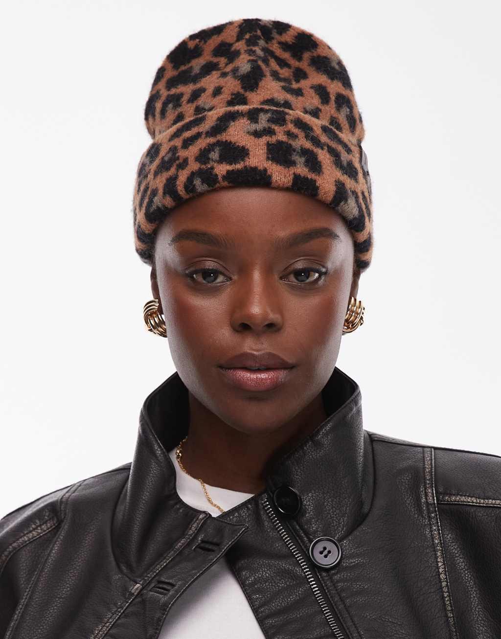 AllSaints brushed beanie in leopard print Product Image