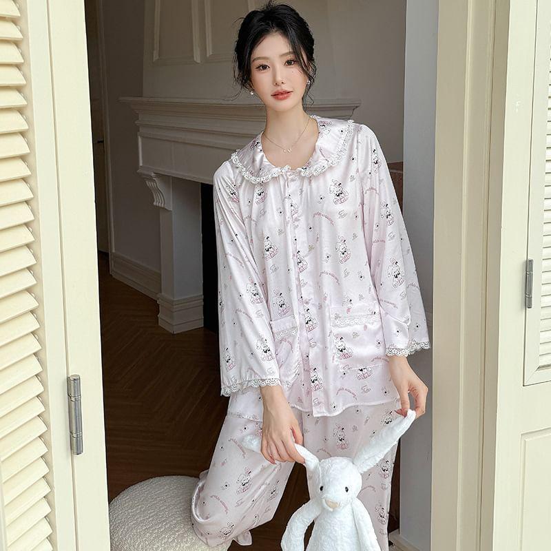 Pajamas Set: Long Sleeve Collared Cartoon Print Lace Trim Blouse + Straight Leg Pants Product Image