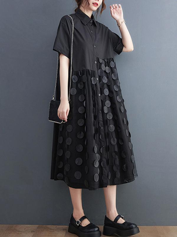 Original Casual Loose Polka-Dot Split-Joint Midi Shirt Dress Product Image