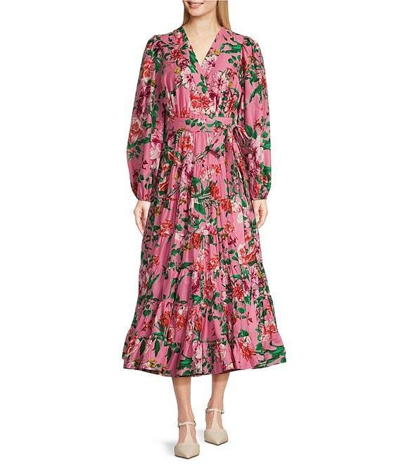 Gibson & Latimer Woven Floral Print Poplin V-Neck Long Blouson Sleeve Tie at Side Wrap A-Line Flounce Midi Dress Product Image
