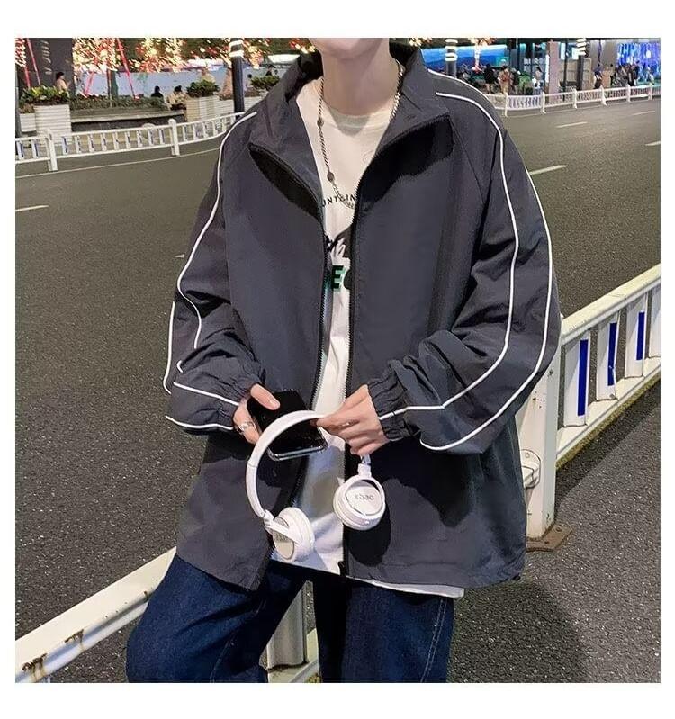 Stand Collar Contrast Piping Oversized Zip Jacket Product Image