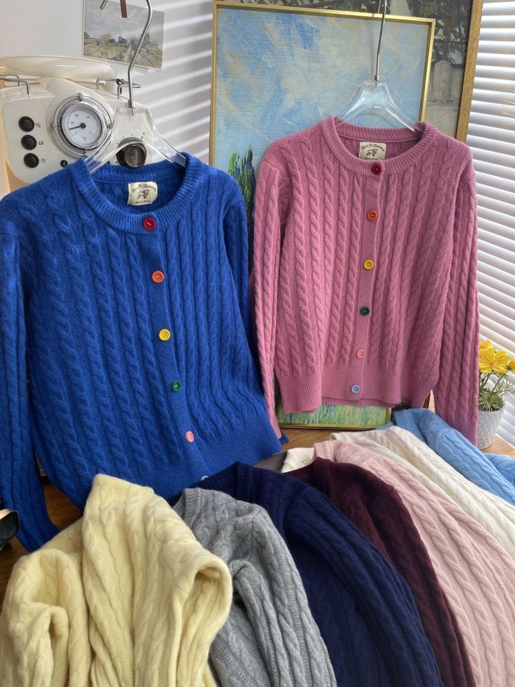 Crew Neck Plain Cable Knit Button-Up Cardigan Product Image