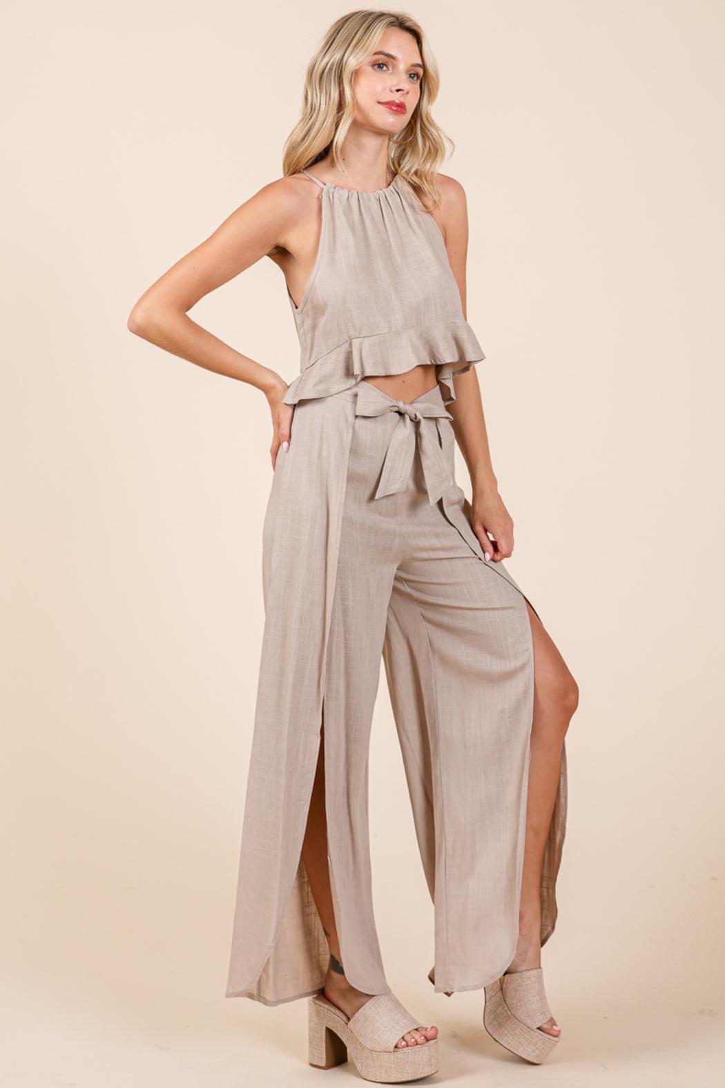 Linen Crop Top And Wide Slit Pants Two Piece Sets Product Image