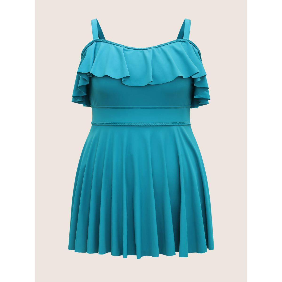 Plus Size Solid Ruffles Trim Adjustable Straps Swim Dress Women's Swimwear Teal Beach Bodycon Strapless High stretch Curve Swim Dresses BloomChic 18-20/2X Product Image