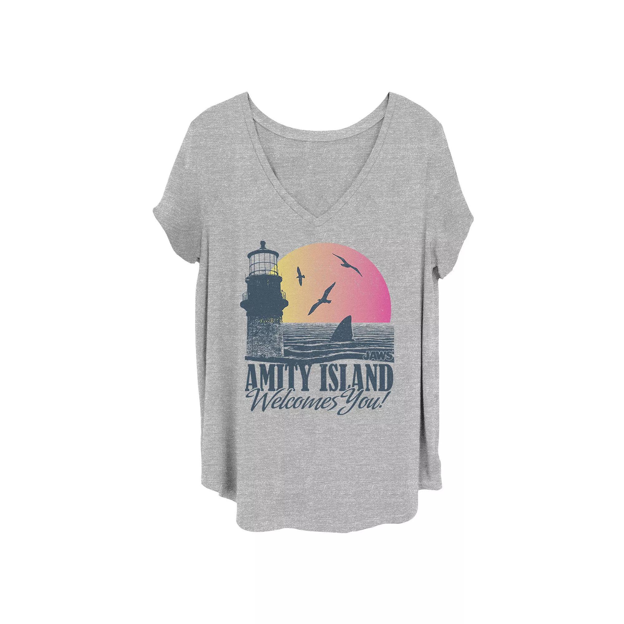 Juniors' Plus Size Jaws Amity Island Welcomes You Shark Fin Sunset Tee, Girl's, Size: 1XL, Grey Gray Product Image