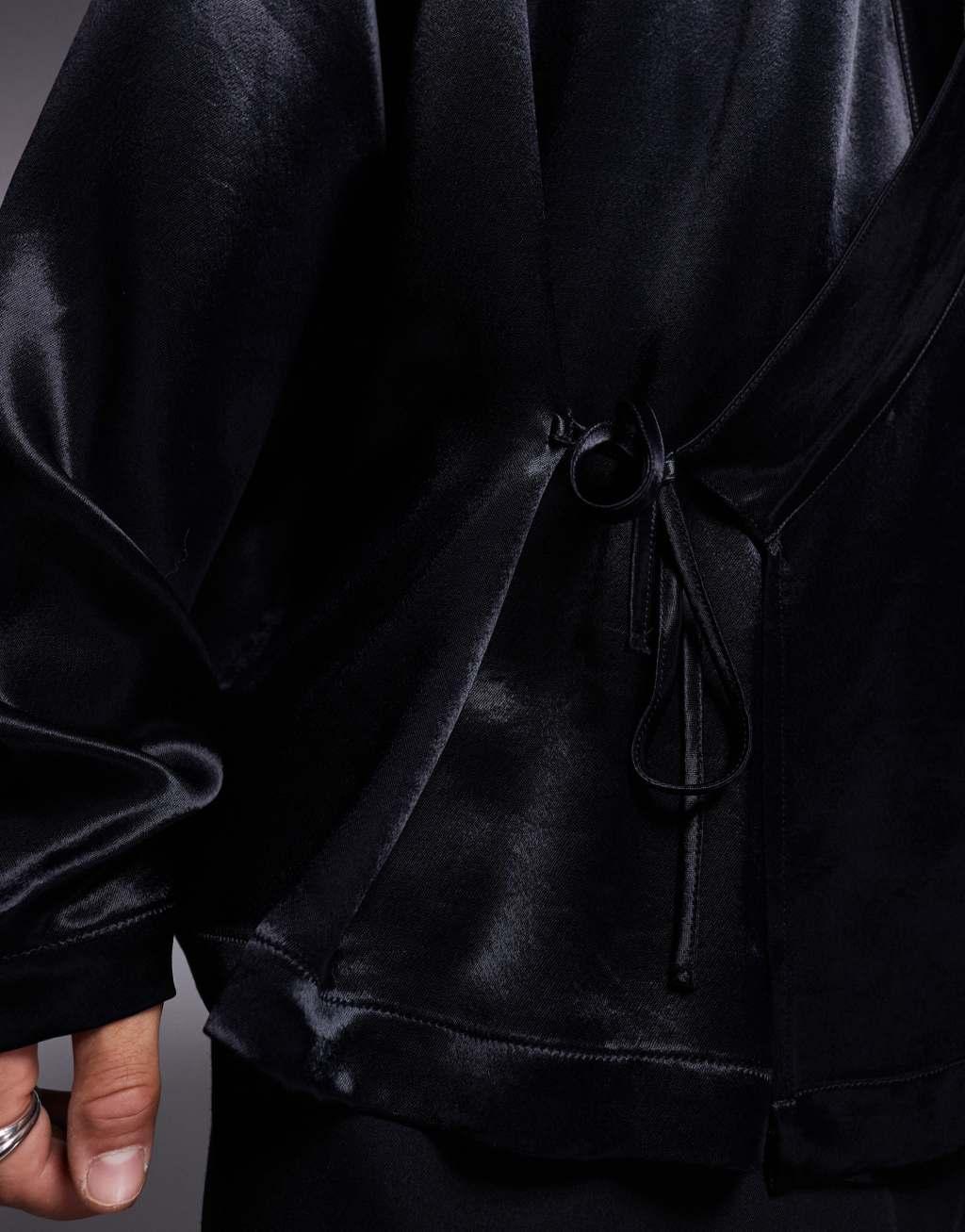 ASOS DESIGN wrap shirt in black satin Product Image