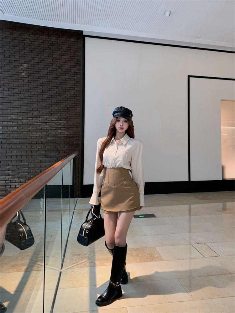 Overfit Plain Blouse / High-Waist Skort Product Image