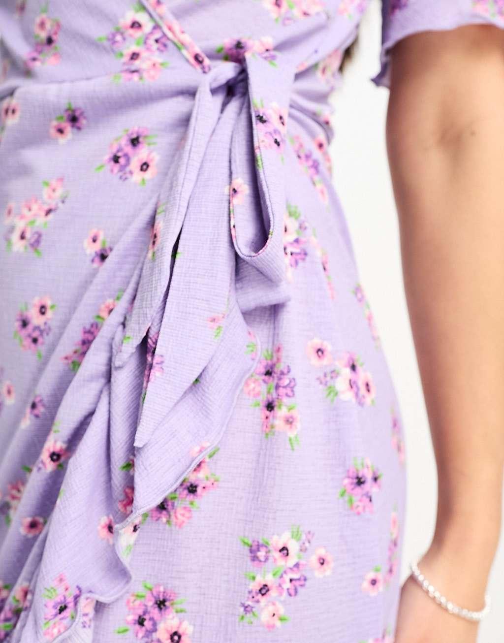 JDY Tall exclusive wrap mini tea dress in lilac vintage floral Product Image