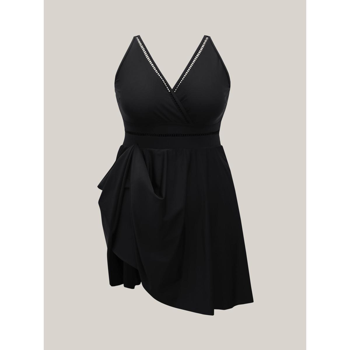 Plus Size Cut-Out Surplice Neck Webbed Swim Dress Women's Swimwear Black Beach Bodycon Overlap Collar High stretch Curve Swim Dresses BloomChic 26/4X Product Image