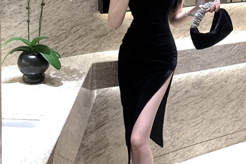Halter-Neck Rhinestone Asymmetrical Velvet Mini Bodycon Dress Product Image