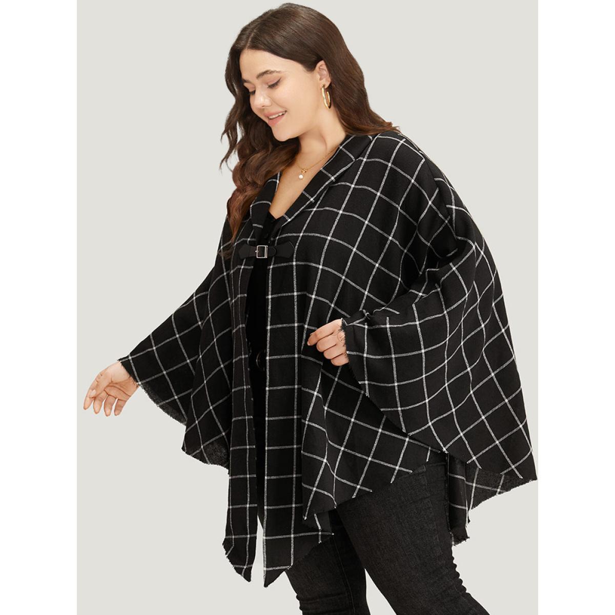 Plus Size Plaid Buckle Detail Cape Kimono Women Black Casual Contrast Loose Dailywear Kimonos BloomChic 26/4X Product Image