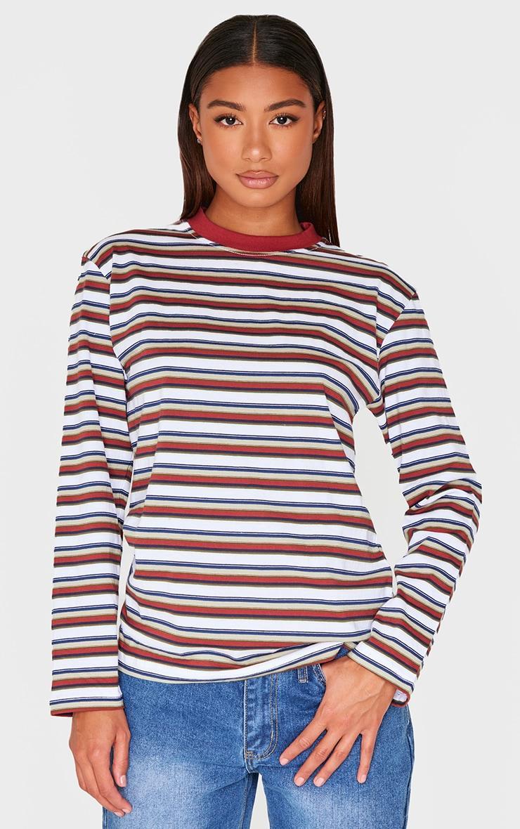  Burgundy Striped Contrast Collar Long Sleeve Top Product Image
