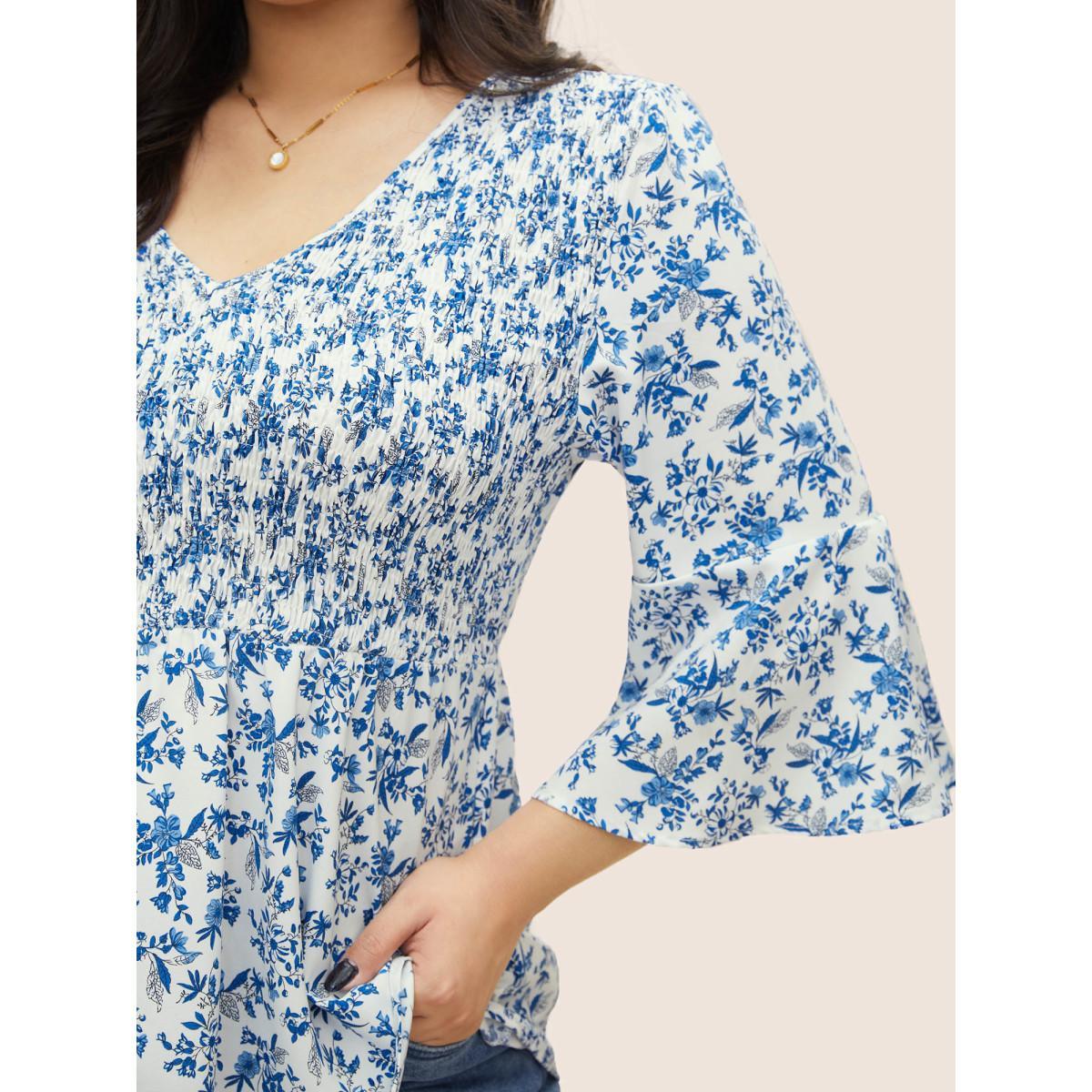 Plus Size White Ditsy Floral Shirred Ruffle Sleeve Blouse Women Elegant Elbow-length sleeve V-neck Everyday Blouses BloomChic 26/4X Product Image