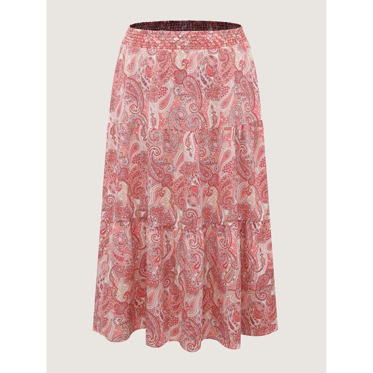 Plus Size Paisley Print Shirred Waist Midi Skirt Women Dirtypink Gathered Bodycon Low stretch Side seam pocket Vacation Skirts BloomChic 22-24/3X Product Image