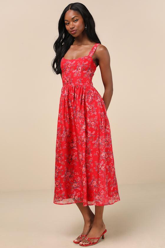 Francesca Red Floral Sleeveless Midi Dress Product Image