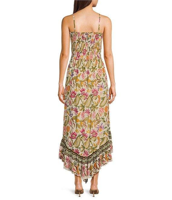Angie Multi Floral Print Smocked Bodice Spaghetti Strap High-Low Maxi Dress Product Image
