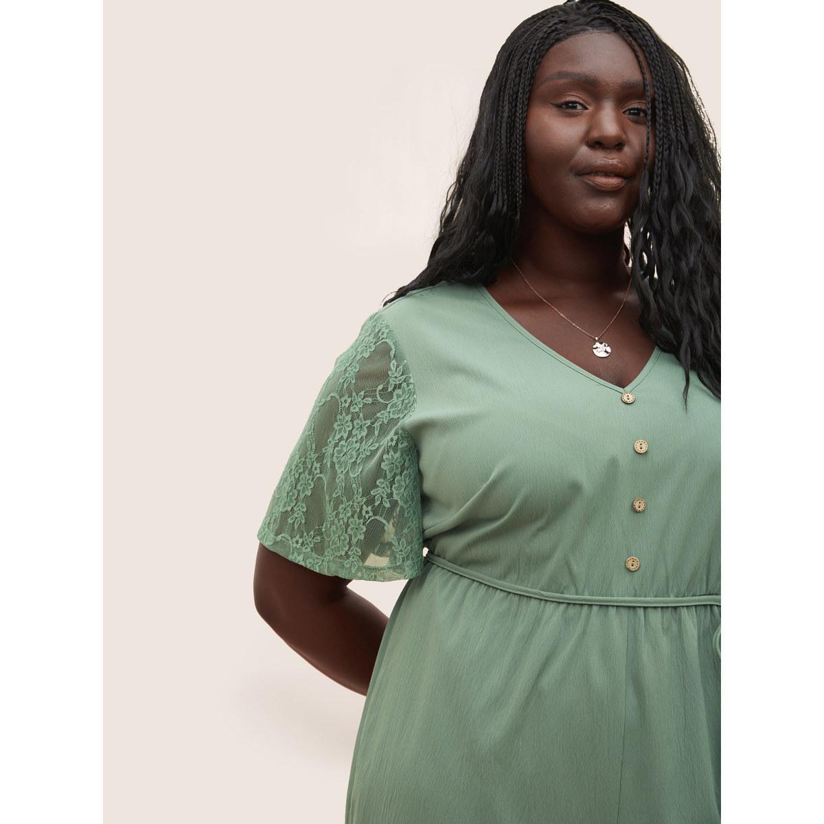 Plus Size Sage Solid Crochet Lace Mesh Ties Jumpsuit Women Resort Short sleeve V-neck Vacation Loose Jumpsuits BloomChic 28/5X Product Image