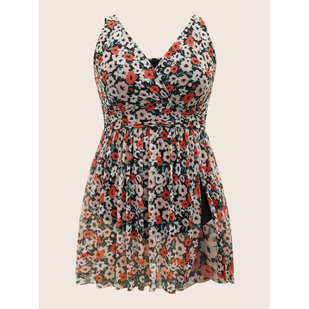 Plus Size Natural Flowers Mesh Slit Hem Gathered Swim Dress Women's Swimwear Multicolor Beach Bodycon Overlap Collar High stretch Curve Swim Dresses BloomChic 28/5X Product Image