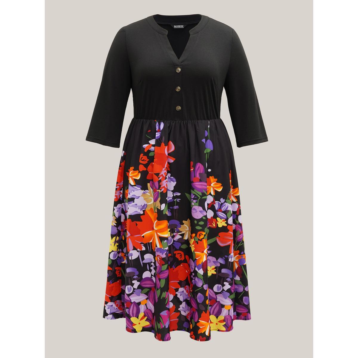Plus Size Brush Stroke Flowers Notched Collar Dress Black Women Casual Button V-neck Elbow-length sleeve Curvy BloomChic 28/5X Product Image