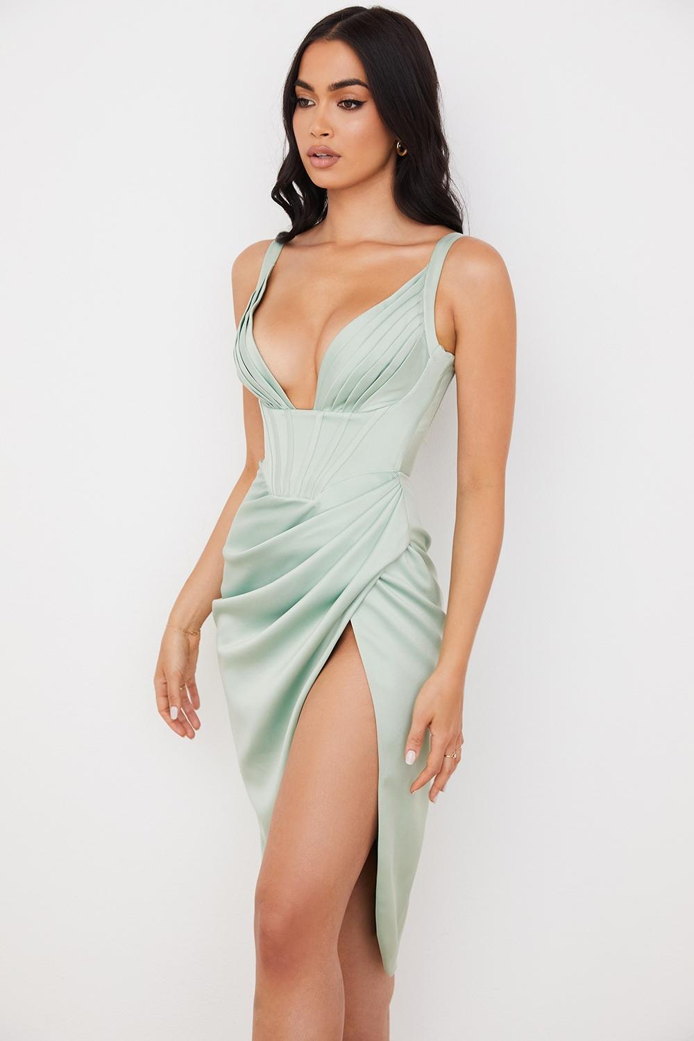 Faye Pistachio Satin Corset Midi Dress Product Image