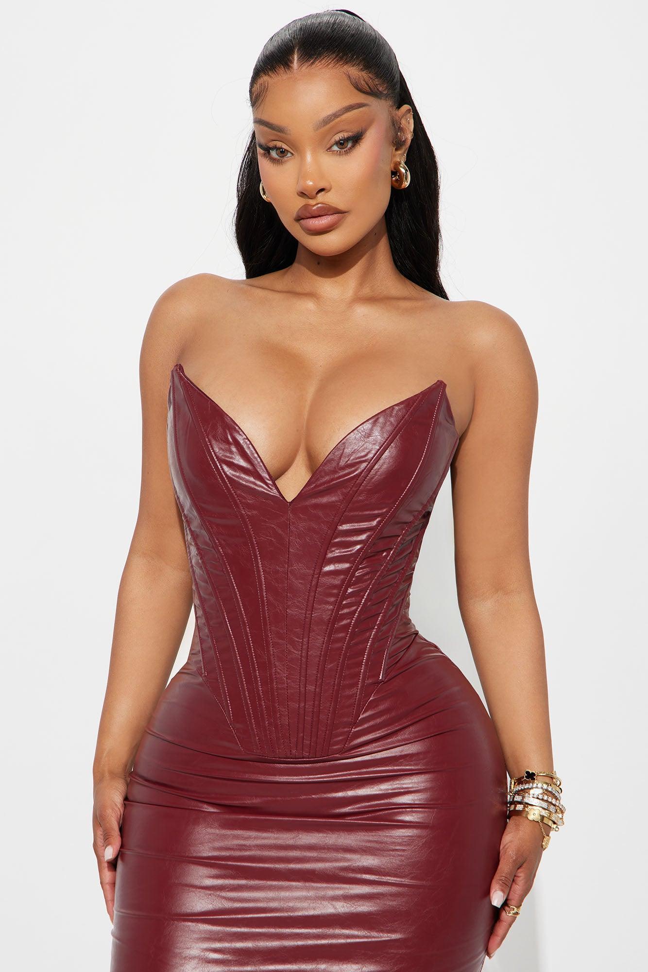 Callie Corset Faux Leather Midi Dress - Wine Female Product Image