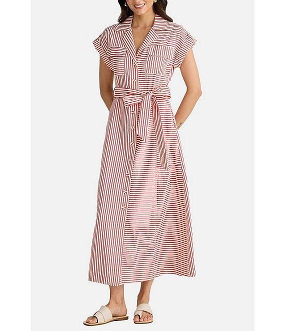 Brave + True Portia Short Sleeve Striped Collared Button Front Midi Shirt Dress Product Image